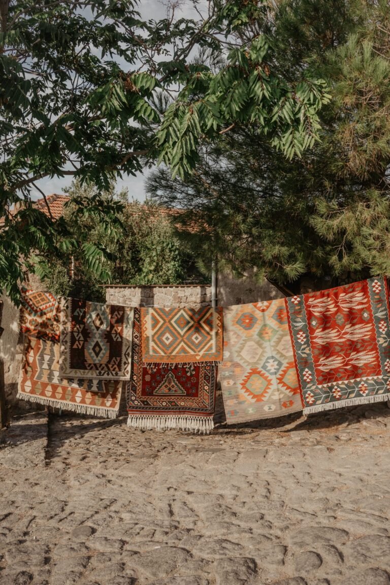 Traditional Rugs with Patterns Hanging Outside
